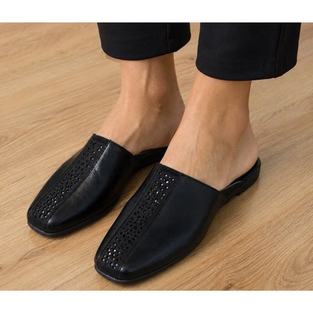 J. Renee Women's Cayla Rhinetone Black OpenBack SlideOn Shoes Sz 5.5 Leather